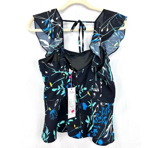 PARKER Jess Floral Print Sleeveless Top Blue Green Ruffle Blouse Size Small NWT - Picture 5 of 9